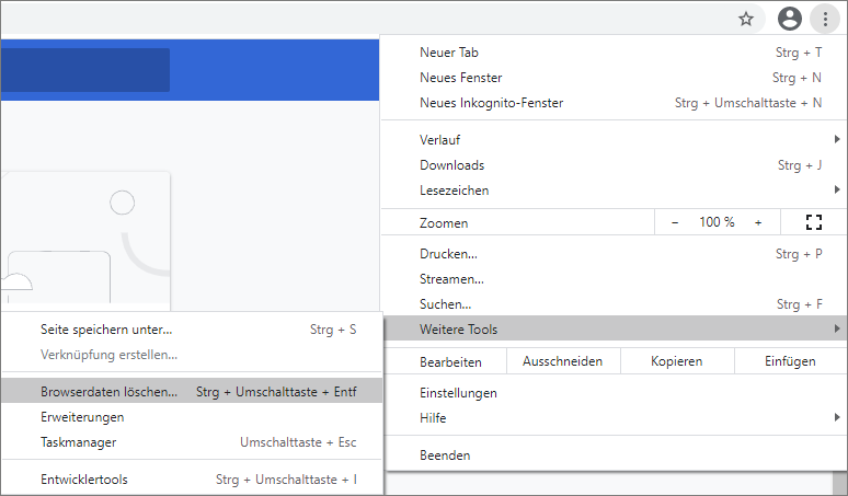 Screenshot Chrome Weitere Tools - Browserdaten löschen ... 