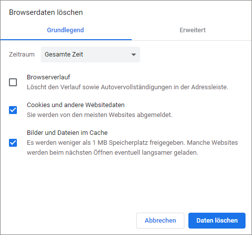 Screenshot Chrome - Browserdaten löschen - Gesamter Zeitraum - Cookies und andere Website-Plug-in-Daten - Bilder und Dateien im Cache 