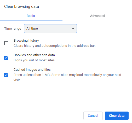 Screenshot Chrome - Clear browsing data