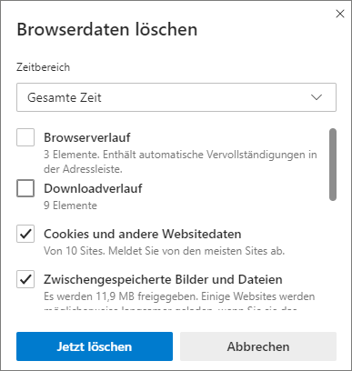Screenshot Edge Browserdaten löschen - Cookies und gespeicherte Websitedaten - Zwischengespeicherte Daten und Dateien 