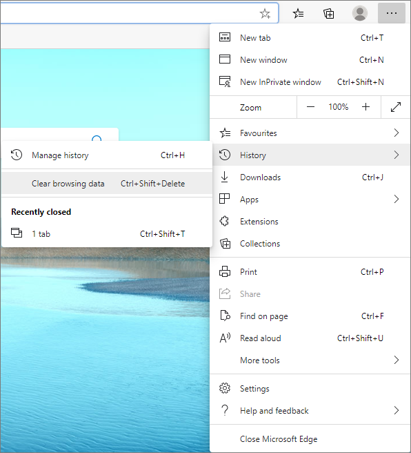 Screenshot Edge - History - Clear browsing data