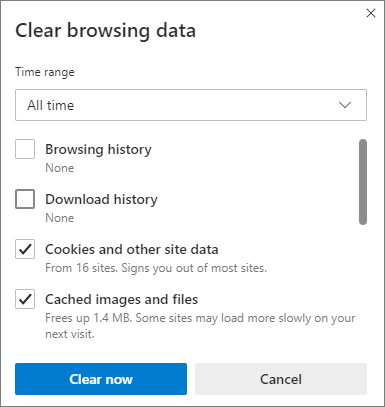 Screenshot Edge - clear browsing data