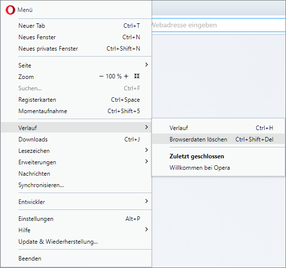Screenshot Opera - Weitere Tools - Browserdaten löschen 