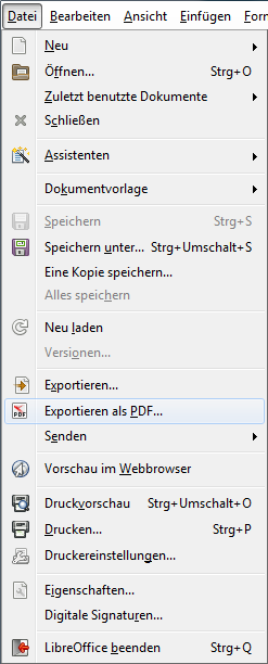 Screenshot Libre Open Office - Datei - Exportieren als PDF...