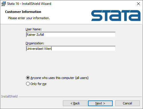 Stata SE Installation - Customer Information