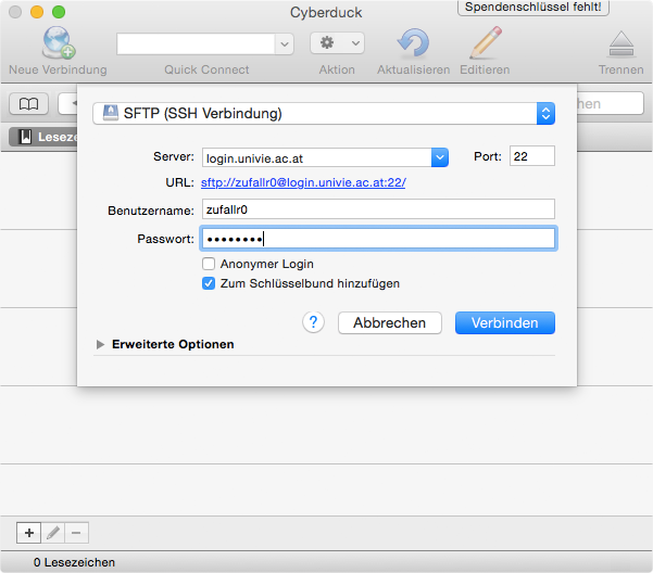 Screenshot SFTP Dateneingabe Anmeldefenster 