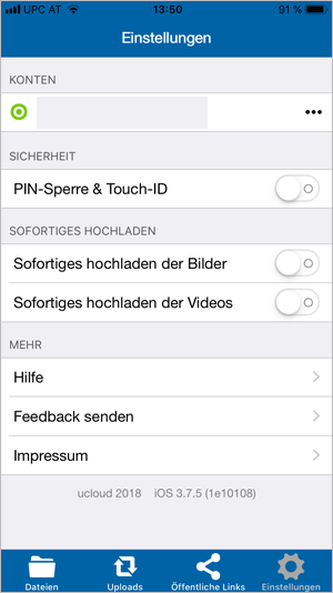 Screenshot u:cloud iPhone Einstellungen - App-Pin aktivieren