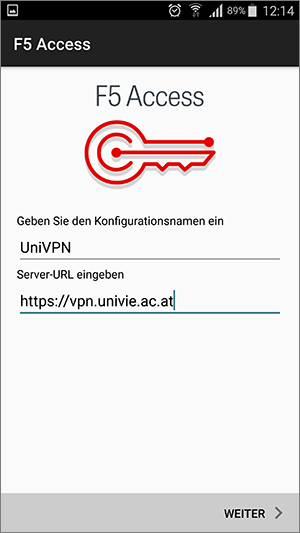 Screenshot Android F5Access Konfigurationsname und Server-URL