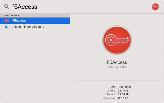 Screenshot VPN MacOS F5Access suchen und ausführen