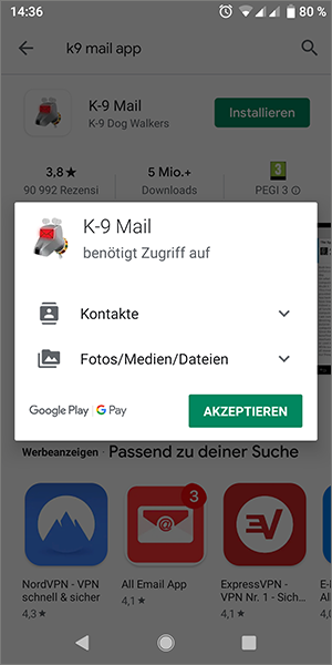 Screenshot Android K-9 Mail Zugriffsberechtigungen