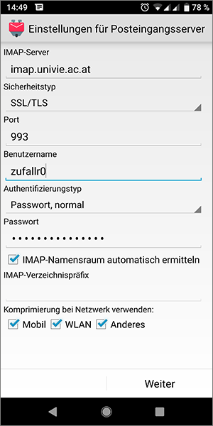 Screenshot Android K-9 Mail Posteingangsserver