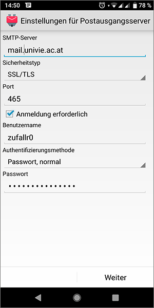 Screenshot Android K-9 Mail Postausgangsserver