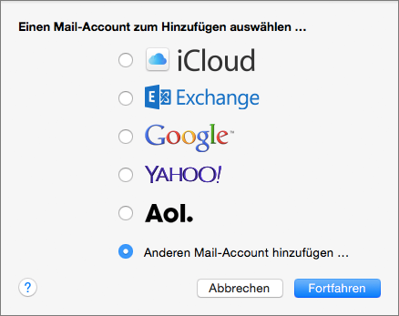 Screenshot Apple Mail Anderen Mail-Account hinzufügen