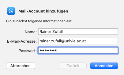 Screenshot Apple Mail Formular Account hinzufügen