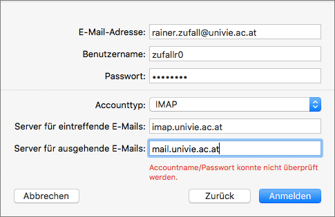 Screenshot Apple Mail Angaben UserID und Server 