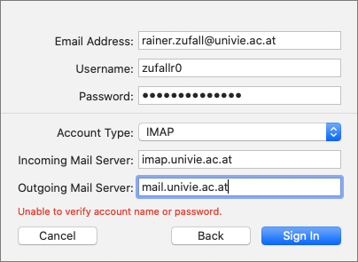 screen shot Apple Mail UserID and server