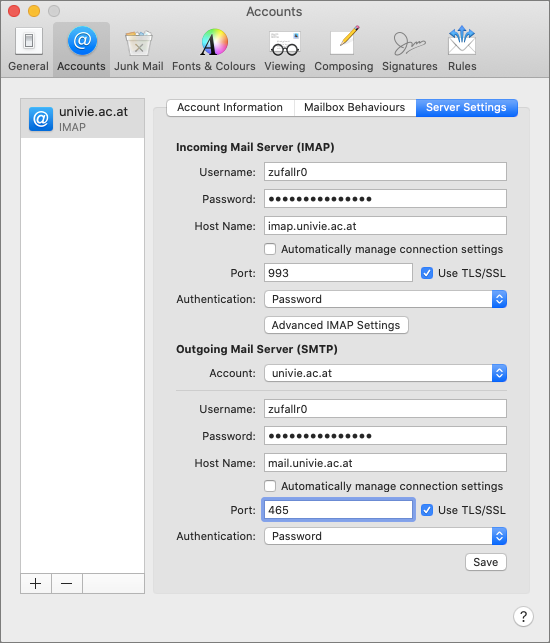 Screen shot Apple Mail server settings