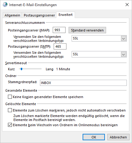 Screenshot Outlook Erweitert Serveranschlussnummern