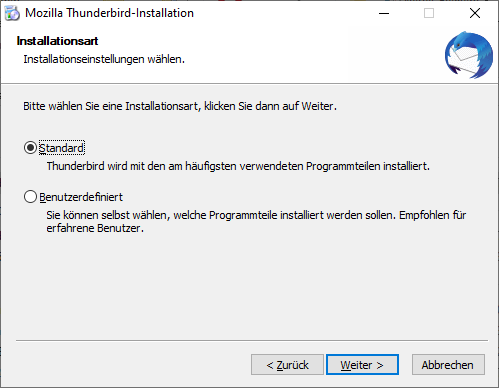 Screenshot Thunderbird Installationsart Standard