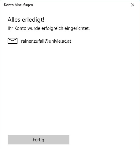 Screenshot Windows Mail Konfiguration abgeschlossen