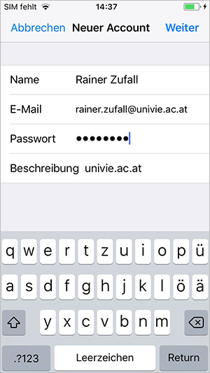 Screenshot iPhone Informationen eingeben E-Mail-Account 