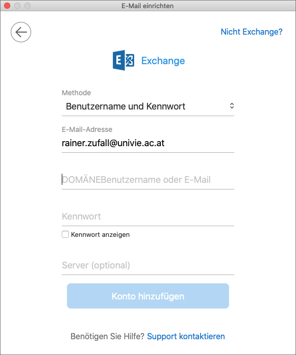Screenshot Outlook 2019 macOS Nicht Exchange
