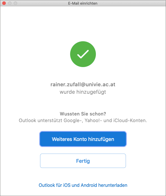 Screenshot Outlook 2019 MacOS Konfiguration beenden