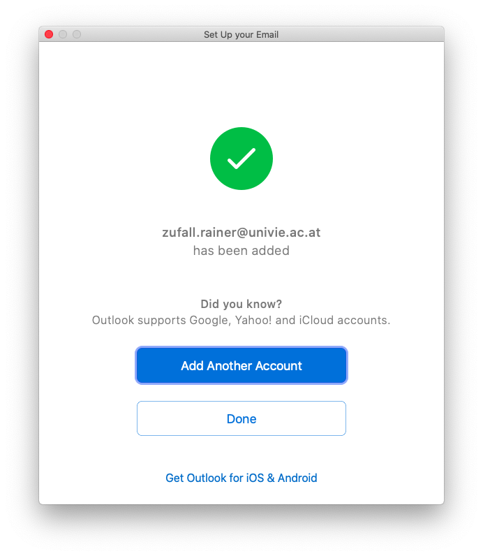 Screenshot Outlook 2019 MacOS configuration finished