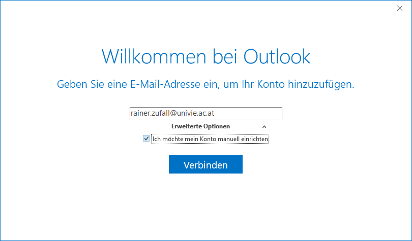 Screenshot Outlook 2019 Konto manuell einrichten