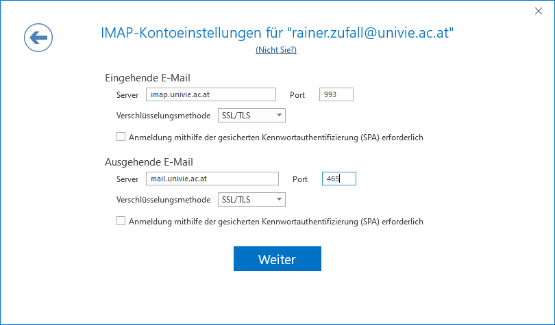 Screenshot Outlook 2019 IMAP Kontoeinstellungen