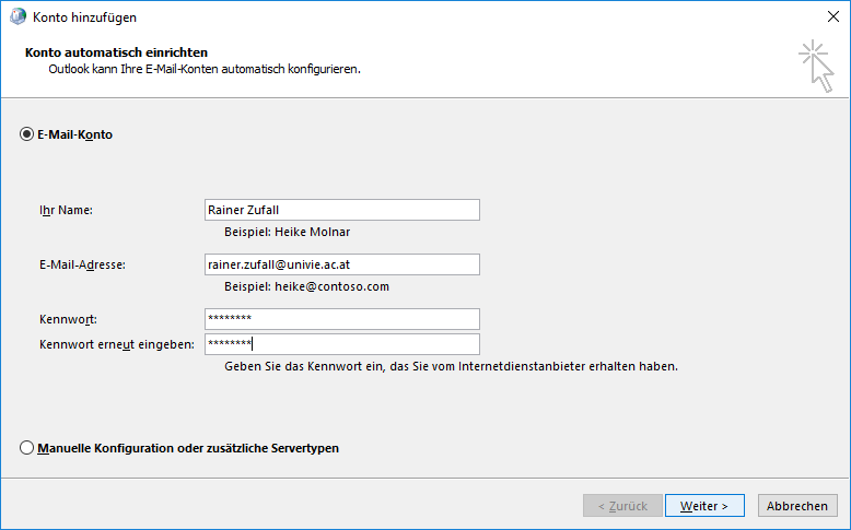 Screenshot Exchange Outlook 2016 Konto einrichten