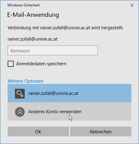 Screenshot Exchange Outlook 2016 Anderes Konto verwenden