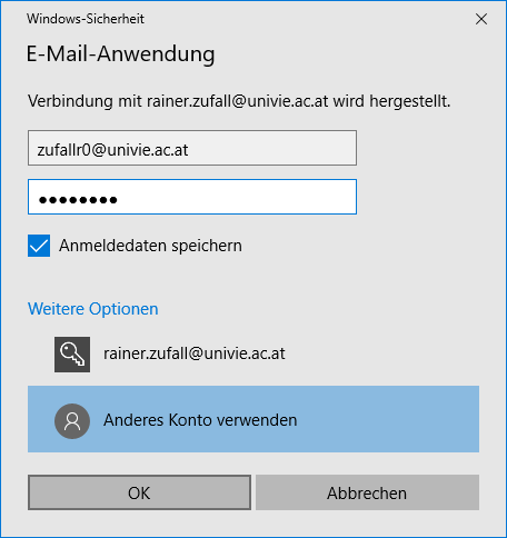 Screenshot Exchange Outlook 2016 Anmeldedaten