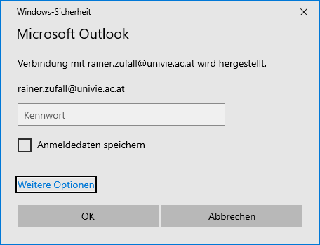 Screenshot Exchange Outlook 2019 Weitere Optionen