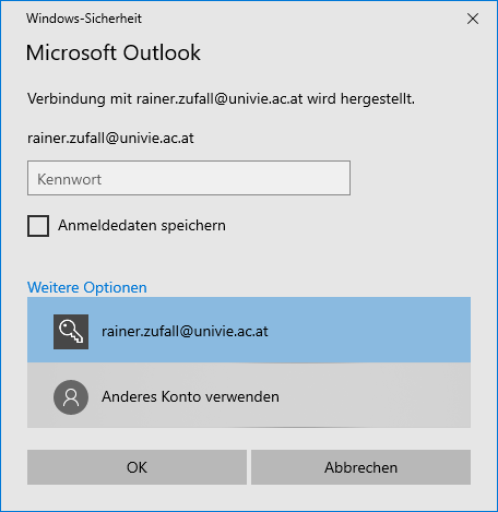 Screenshot Exchange Outlook 2019 Anderes Konto verwenden
