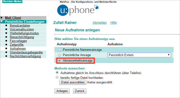 Screenshot Sprachbox - Neue Aufnahme anlegen: Abwesenheitsansage 