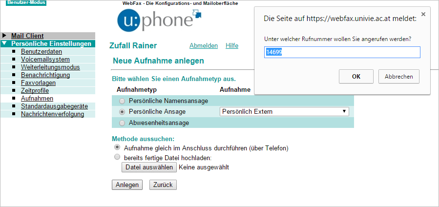 Screenshot Sprachbox - Rufnummer eintragen 