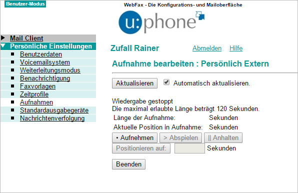 Screenshot Sprachbox - Aufnahme bearbeiten: Persönlich Extern - Aufnehmen 