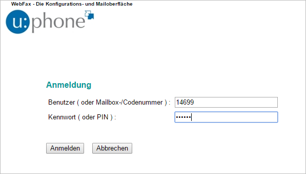 Screenshot eFax - Anmeldung - Daten eingeben 