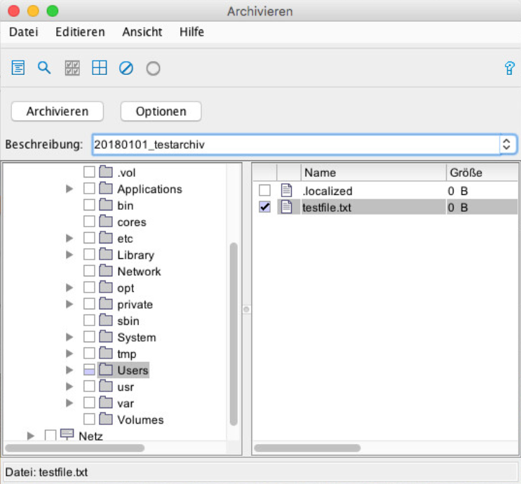 Screenshot Mac Dateien zur Archivierung auswählen 