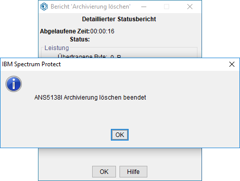 Screenshot Windows Archivierung löschen beendet
