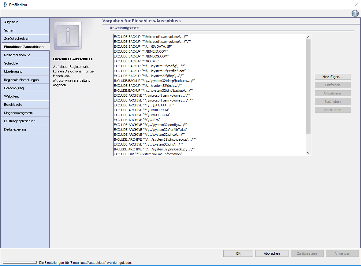 Screenshot Windows Profileditor - Einschluss/Ausschluss 